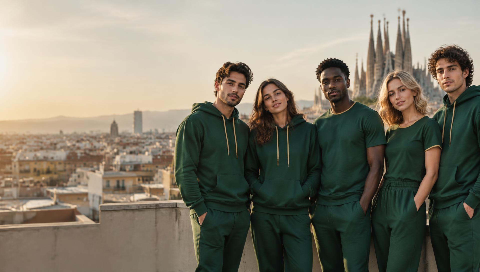 Grupo de personas con ropa personalizada en verde y dorado SPYRATEX
